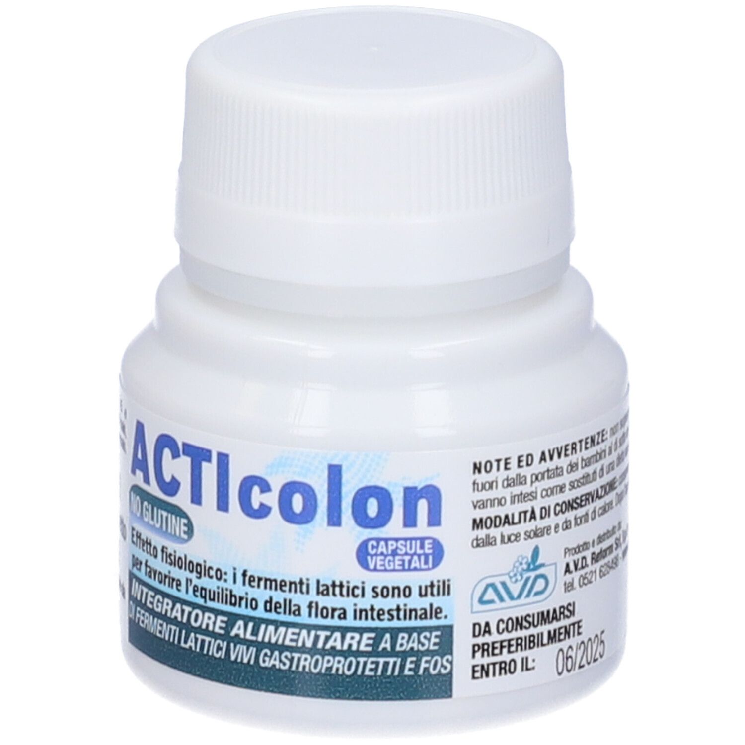 Flacon blanc ACTIcolon. Capsules, sans gluten. Texte italien. Date de péremption.