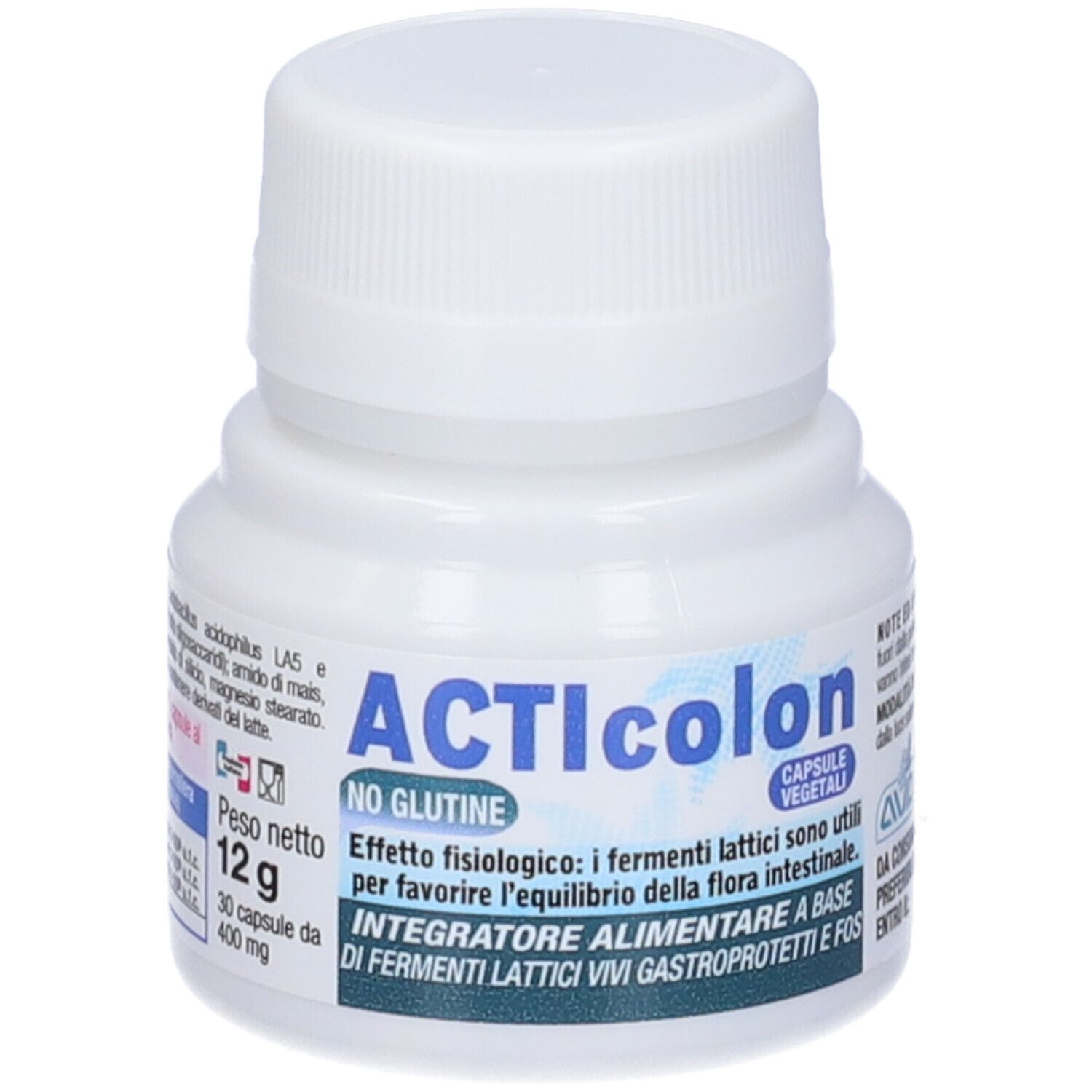 Flacon blanc ACTIcolon. Capsules, sans gluten. Texte italien. 30 capsules.