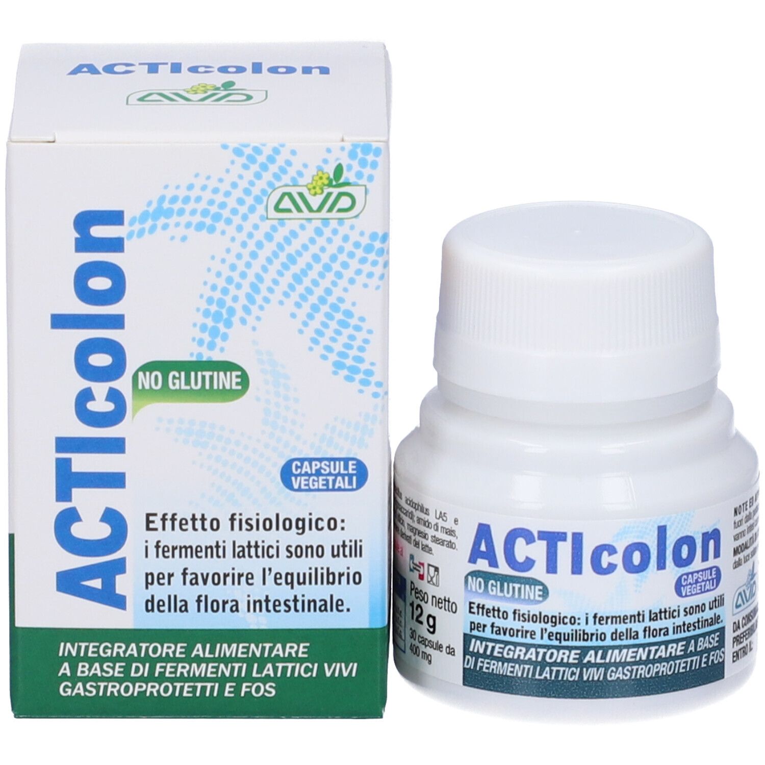 Boîte et flacon ACTIcolon. Capsules, sans gluten. Texte italien. Flacon avec bouchon.