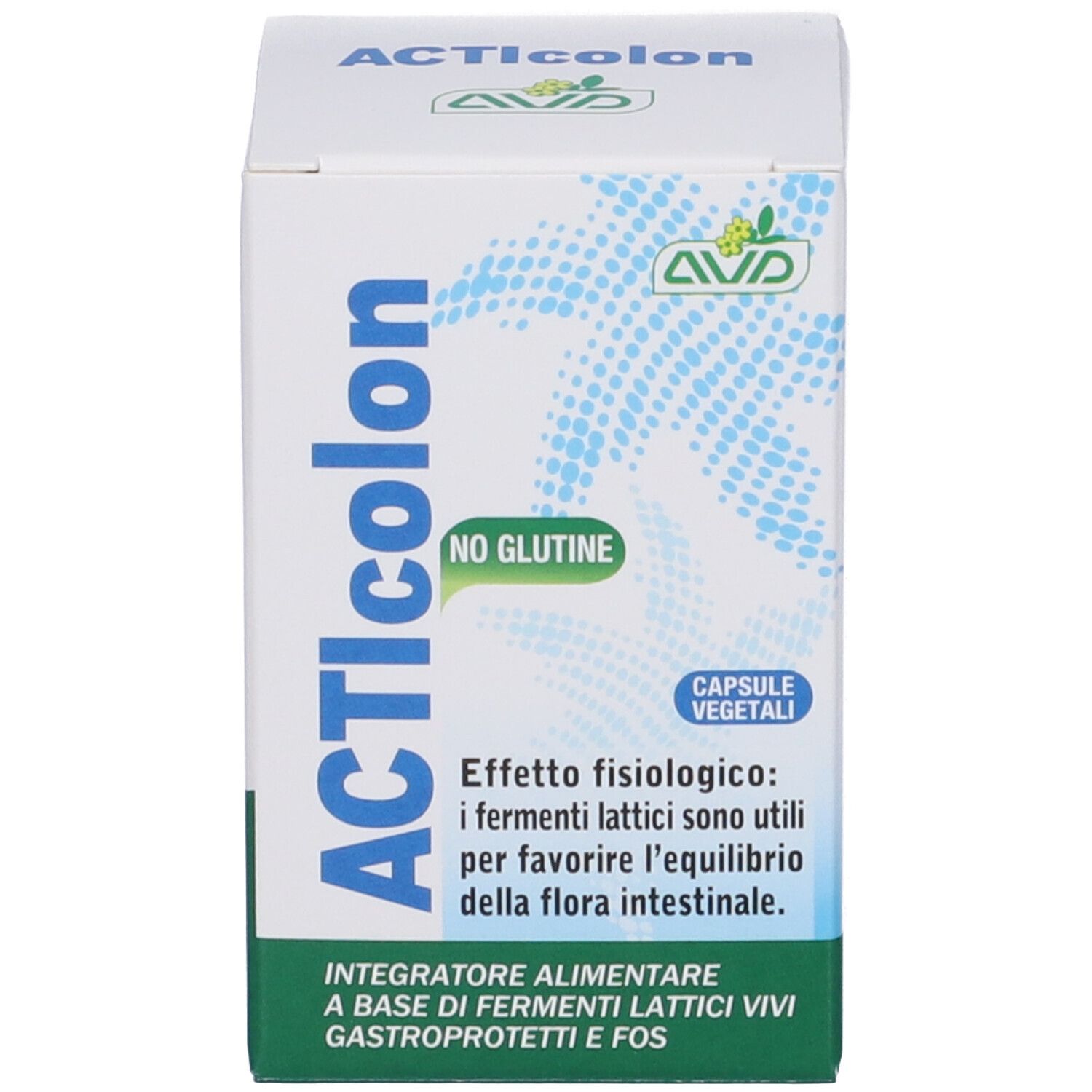 Boîte ACTIcolon. Capsules, sans gluten. Texte italien. Fond bleu avec logo.