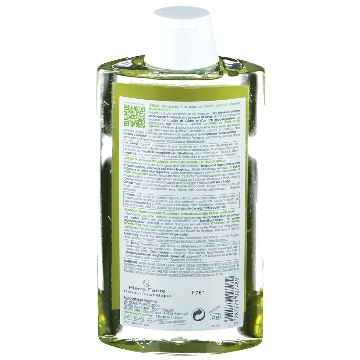 Dos du flacon de shampooing. Étiquette verte avec texte. Fabricant : Pierre Fabre. Code-barres et autres informations.