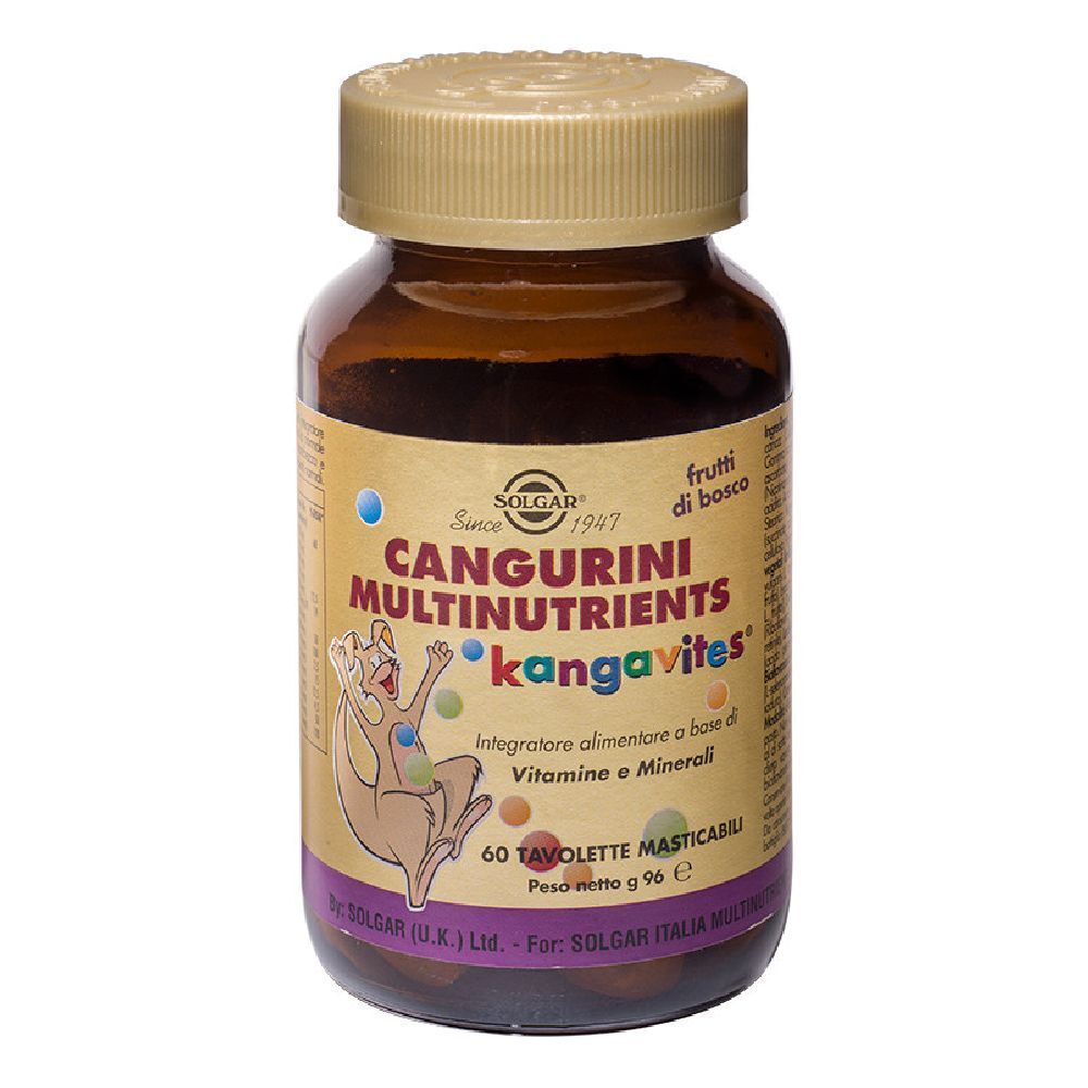 Flacon brun SOLGAR Cangurini Multinutrient kangavites. Inscription: 60 comprimés. Avec couvercle.