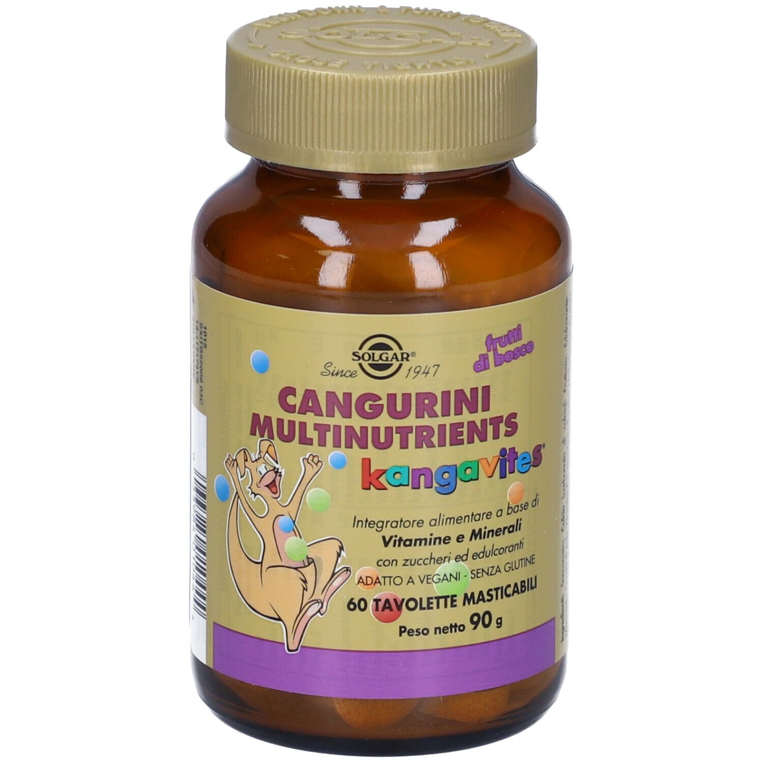 Flacon brun SOLGAR Cangurini Multinutrient kangavites. Inscription: 60 comprimés. Avec couvercle.