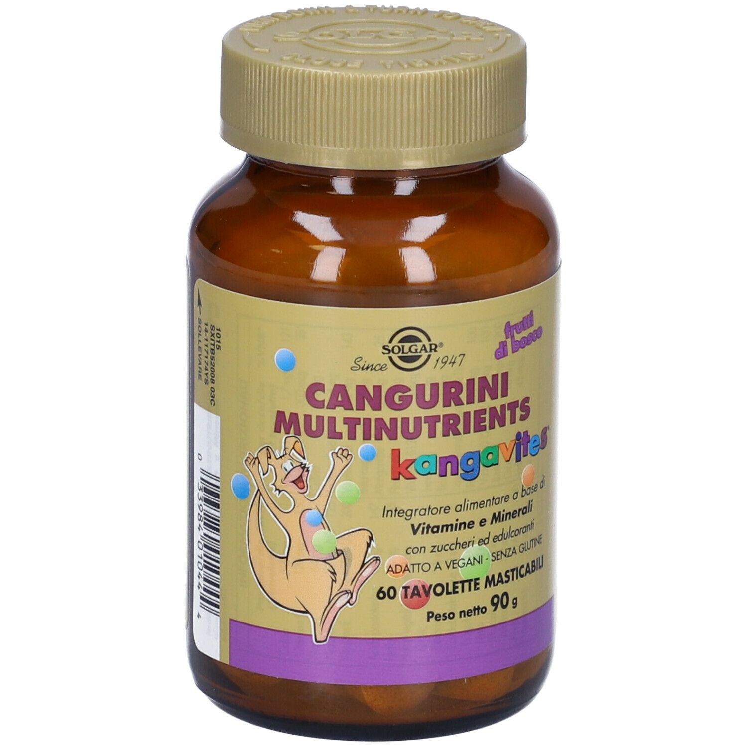 Flacon brun SOLGAR Cangurini Multinutrient kangavites. Inscription: 60 comprimés. Avec couvercle.