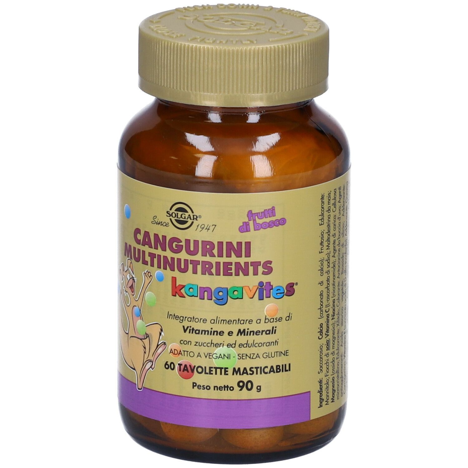 Flacon brun SOLGAR Cangurini Multinutrient kangavites. Inscription: 60 comprimés. Avec couvercle.