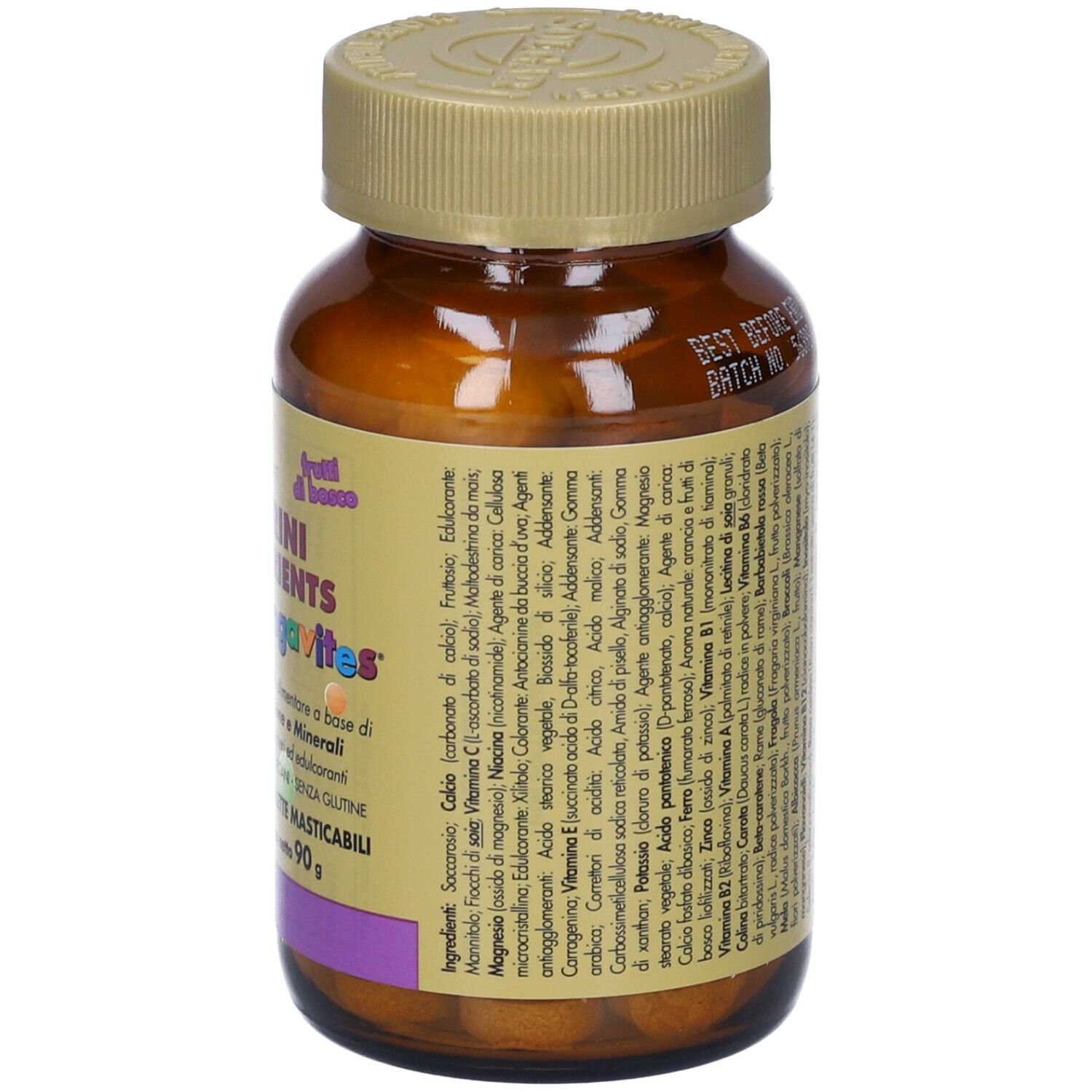 Dos du flacon brun SOLGAR Cangurini Multinutrient kangavites. Texte avec ingrédients.