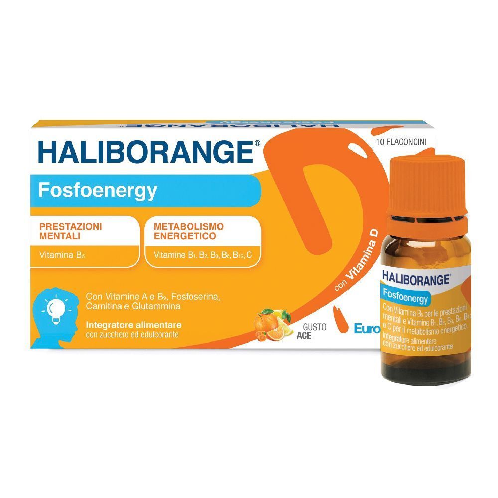 Boîte et flacon Haliborange Fosfoenergy. Flacon orange avec bouchon. Boîte avec informations sur le produit.