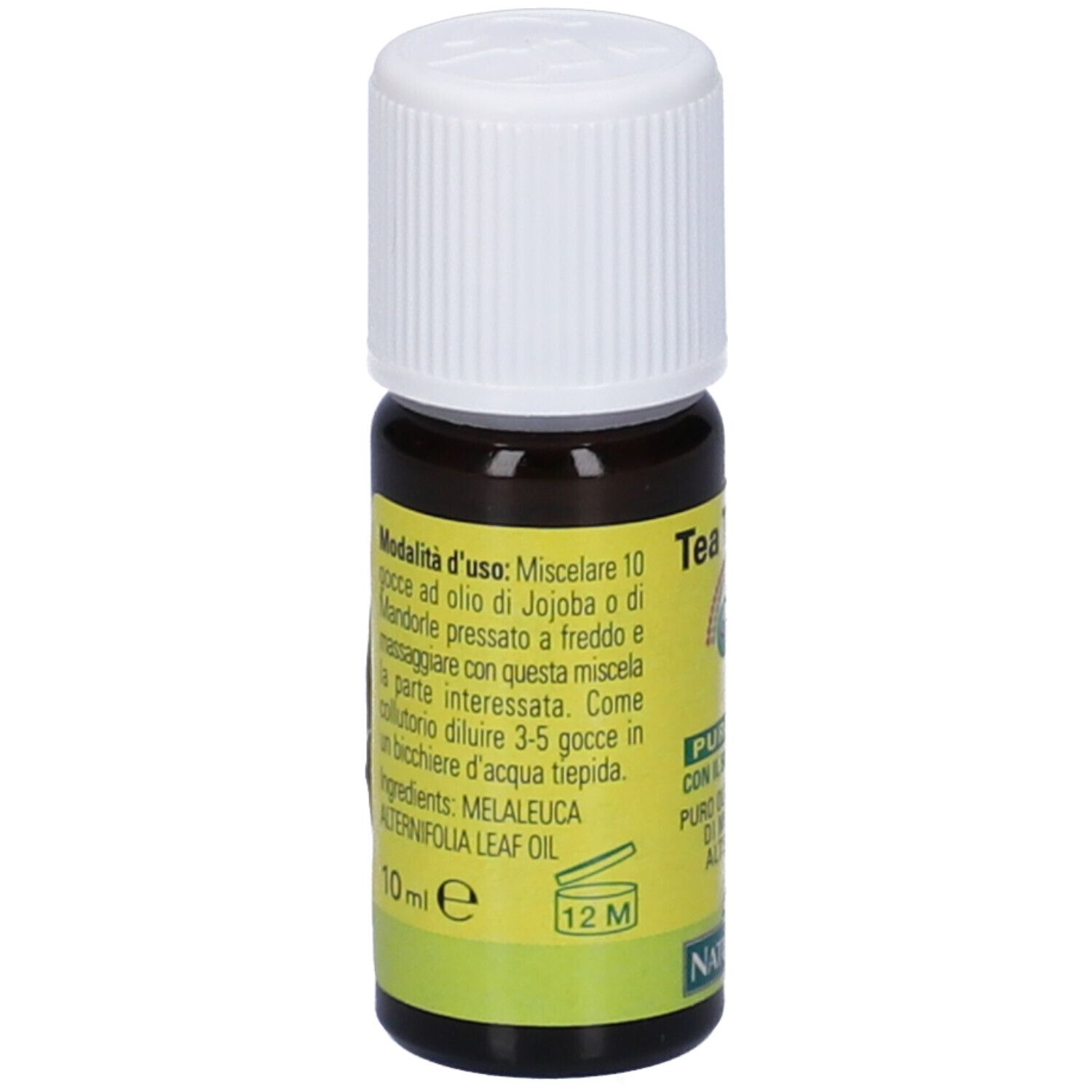 Braune Glasflasche mit weißem Verschluss. Etikett mit Produktinformationen und Inhaltsstoffen. 10 ml.