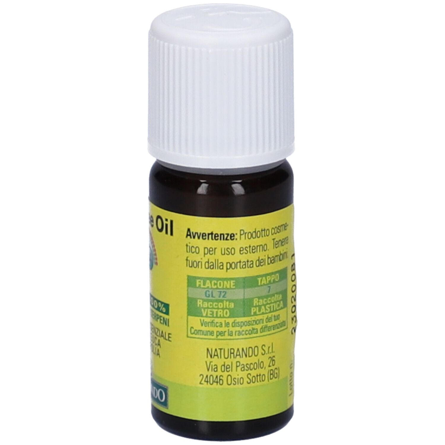 Braune Glasflasche mit weißem Verschluss. Etikett mit Warnhinweisen und Recycling-Informationen. 10 ml.