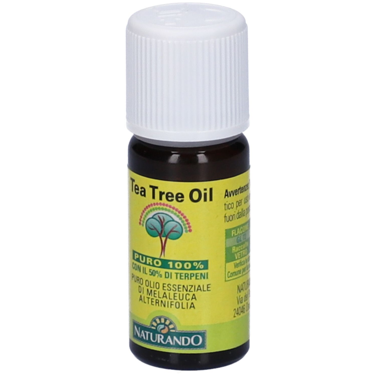 Braune Glasflasche mit weißem Verschluss. Etikett mit Produktnamen und Logo. 10 ml.