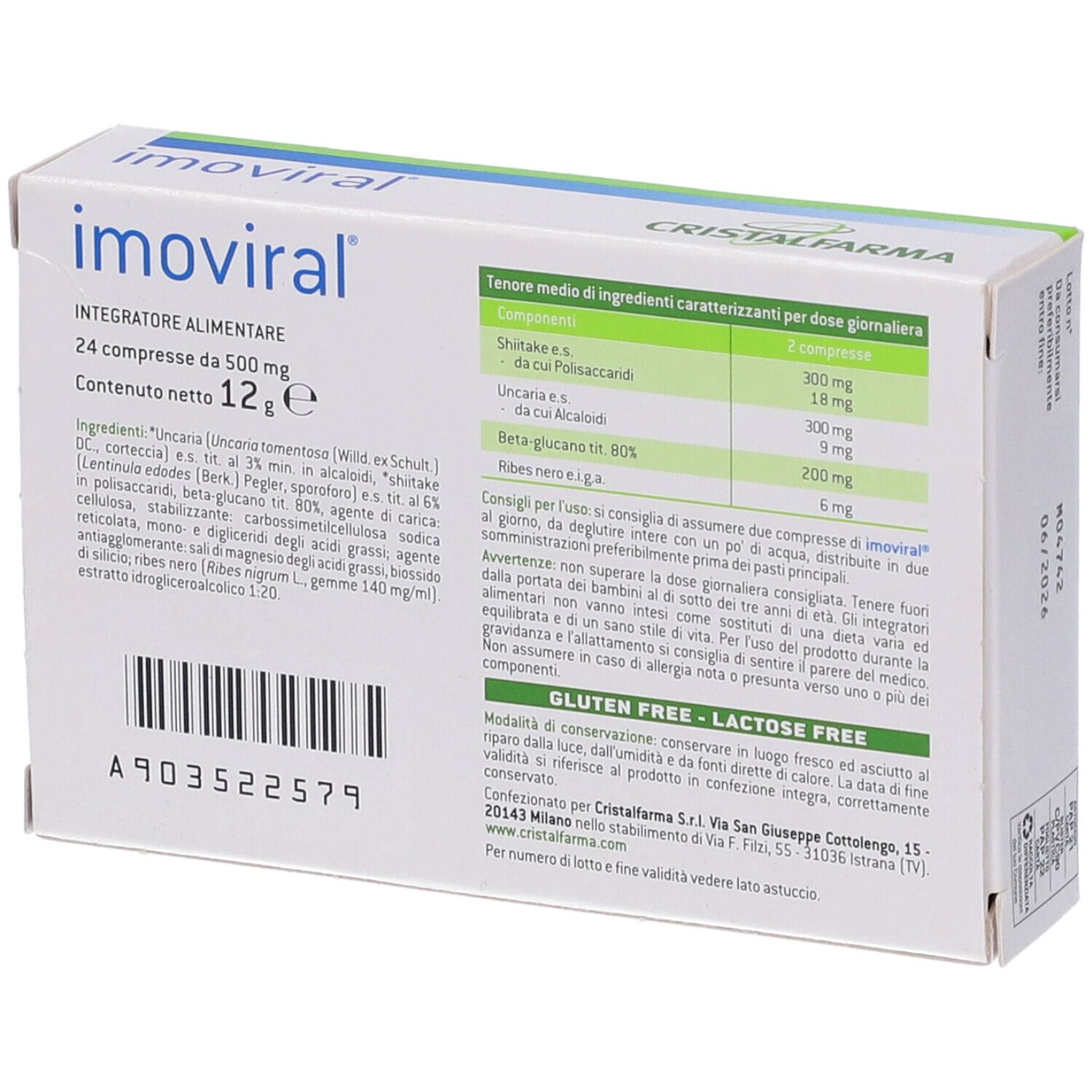 Dos de la boîte blanche. Inscription "imoviral". Contient des informations sur les ingrédients et les valeurs nutritionnelles. Marque : CRISTALFARMA. Sans gluten et sans lactose.