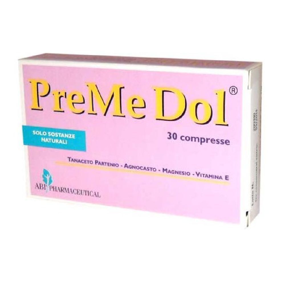 Rosa Schachtel mit gelbem Schriftzug PreMe Dol und 30 Tabletten. Enthält natürliche Substanzen. ABF Pharmaceutical.