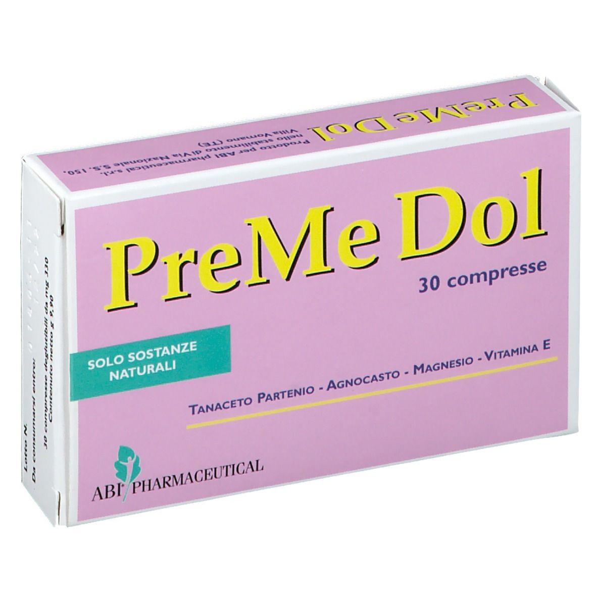 Rosa Schachtel mit gelbem Schriftzug PreMe Dol und 30 Tabletten. Enthält natürliche Substanzen. ABF Pharmaceutical.