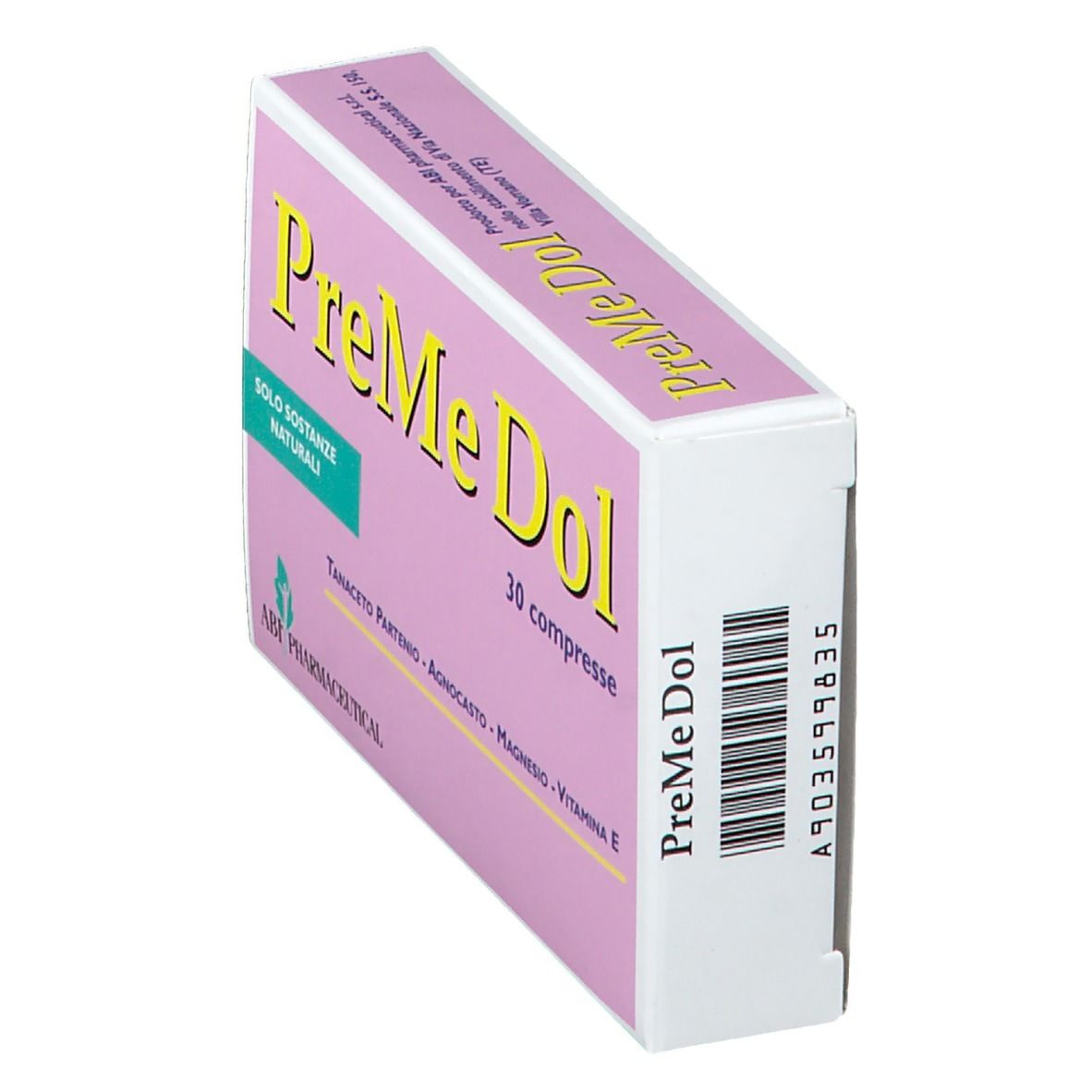 Schachtel PreMe Dol, rosa mit gelber Schrift. Enthält 30 Tabletten. Aufschrift: Nur natürliche Substanzen. ABF Pharmaceutical.