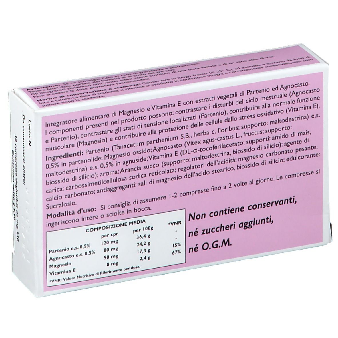 Rückseite der PreMe Dol-Verpackung. Enthält Informationen zu Inhaltsstoffen, Nährwerten und Anwendung. Rosa Hintergrund.