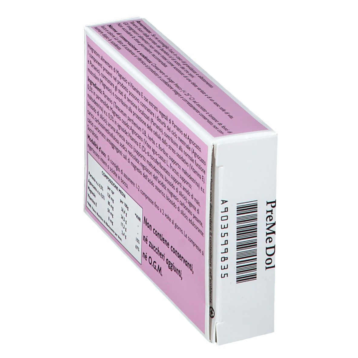 Rückseite der PreMe Dol-Verpackung. Enthält Informationen zu Inhaltsstoffen, Nährwerten und Anwendung. Rosa Hintergrund.