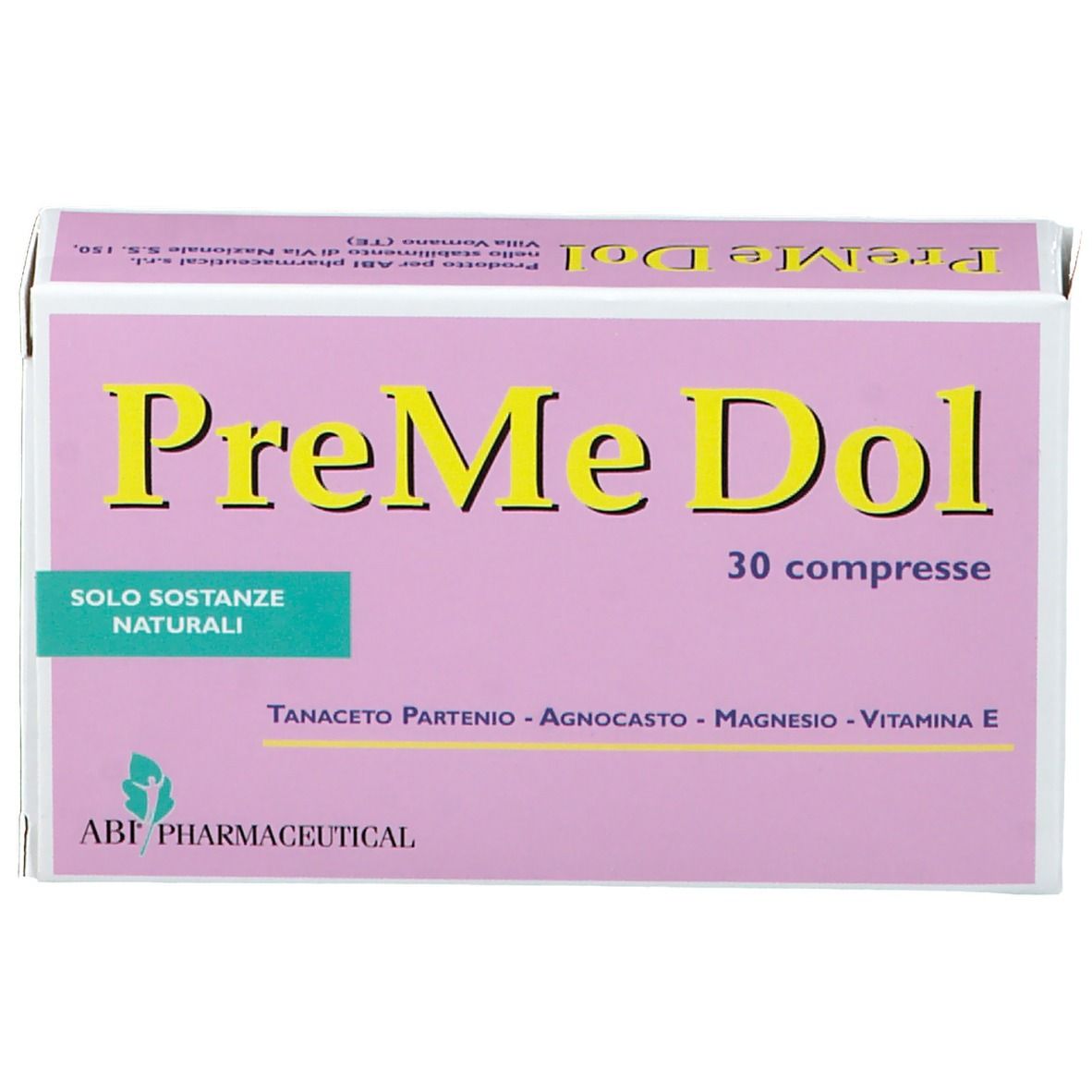 Rosa Schachtel mit gelbem Schriftzug PreMe Dol und 30 Tabletten. Enthält natürliche Substanzen. ABF Pharmaceutical.