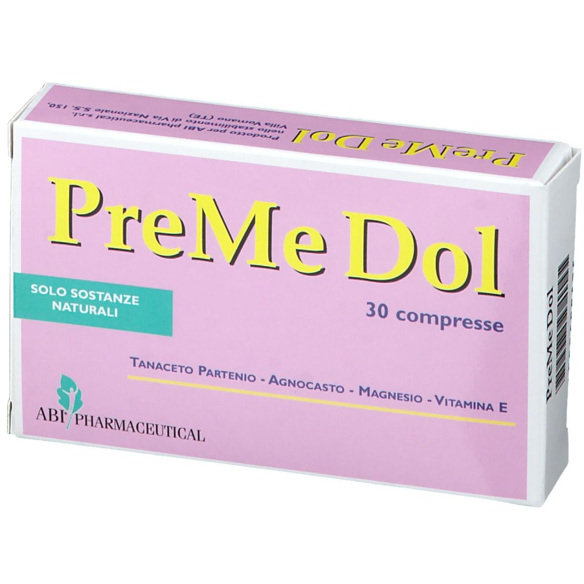 Rosa Schachtel mit gelbem Schriftzug PreMe Dol und 30 Tabletten. Enthält natürliche Substanzen. ABF Pharmaceutical.