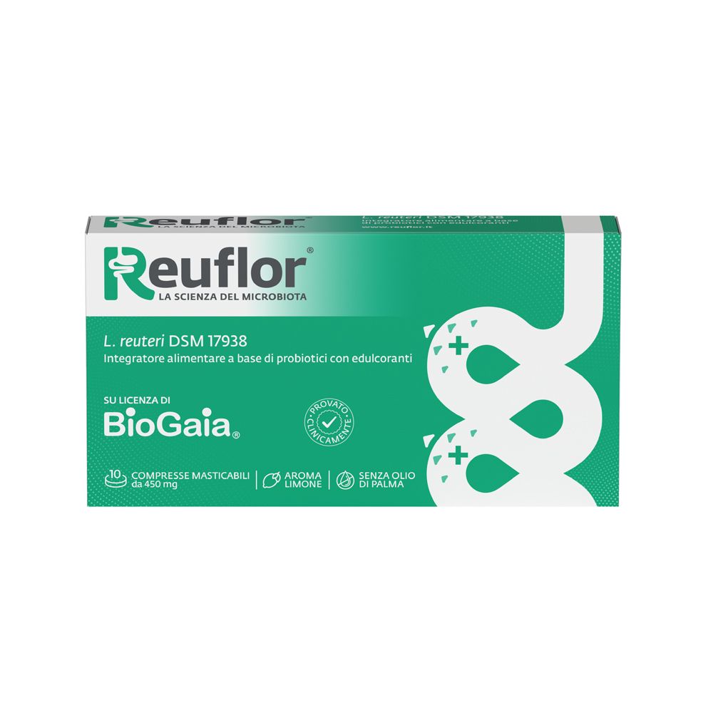 Reuflor® 10 Tabletten Packung. Grün-weiß, mit Produktnamen und Logo. Enthält 10 Kautabletten. Aufschrift: L. reuteri DSM 17938.