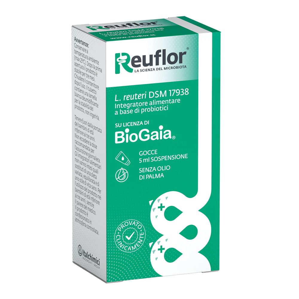 Reuflor Gocce: Kartonverpackung, Vorder- und Seitenansicht mit Produktinformationen und klinischen Siegeln.