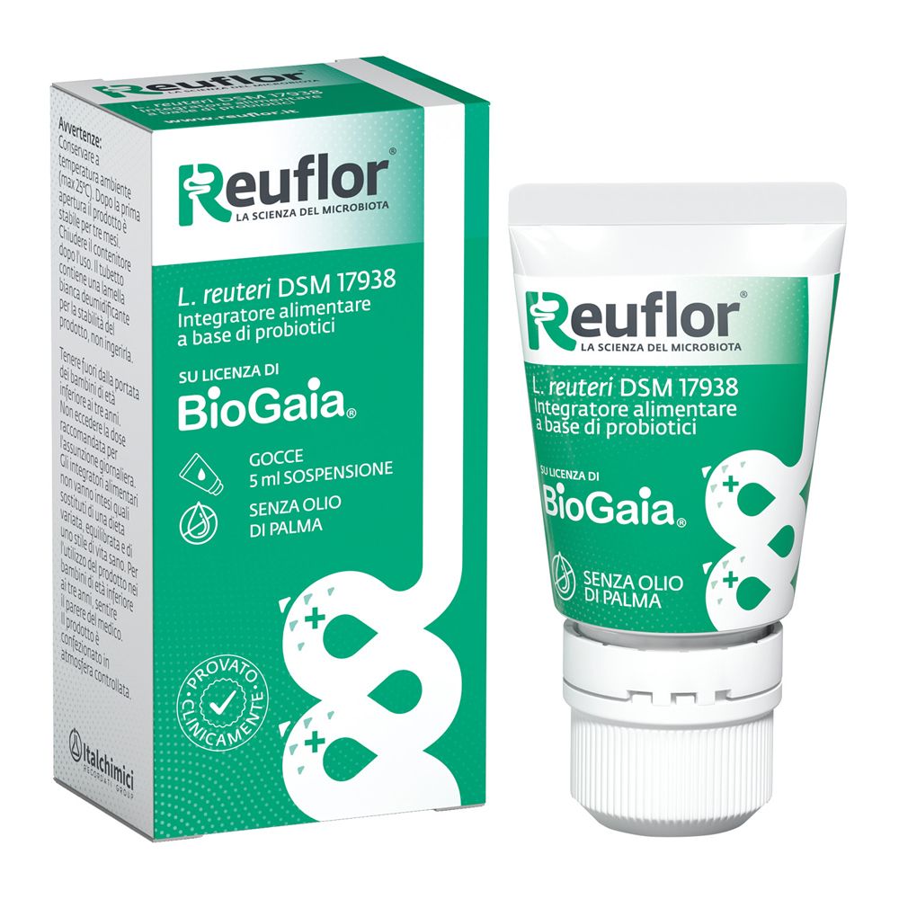Reuflor Gocce: Kartonverpackung und Tropfflasche mit Produktinformationen, 5 ml Suspension.