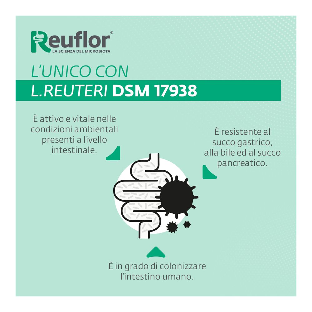 Reuflor Gocce: Infografik zeigt L. reuteri DSM 17938 im Darm. Text: "Einzigartig mit L. reuteri DSM 17938".
