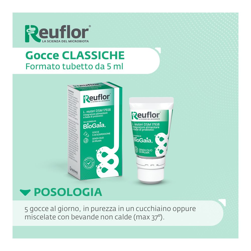 Reuflor Gocce Classiche: Kartonverpackung und 5 ml Tropfflasche. "Dosierung: 5 Tropfen täglich".