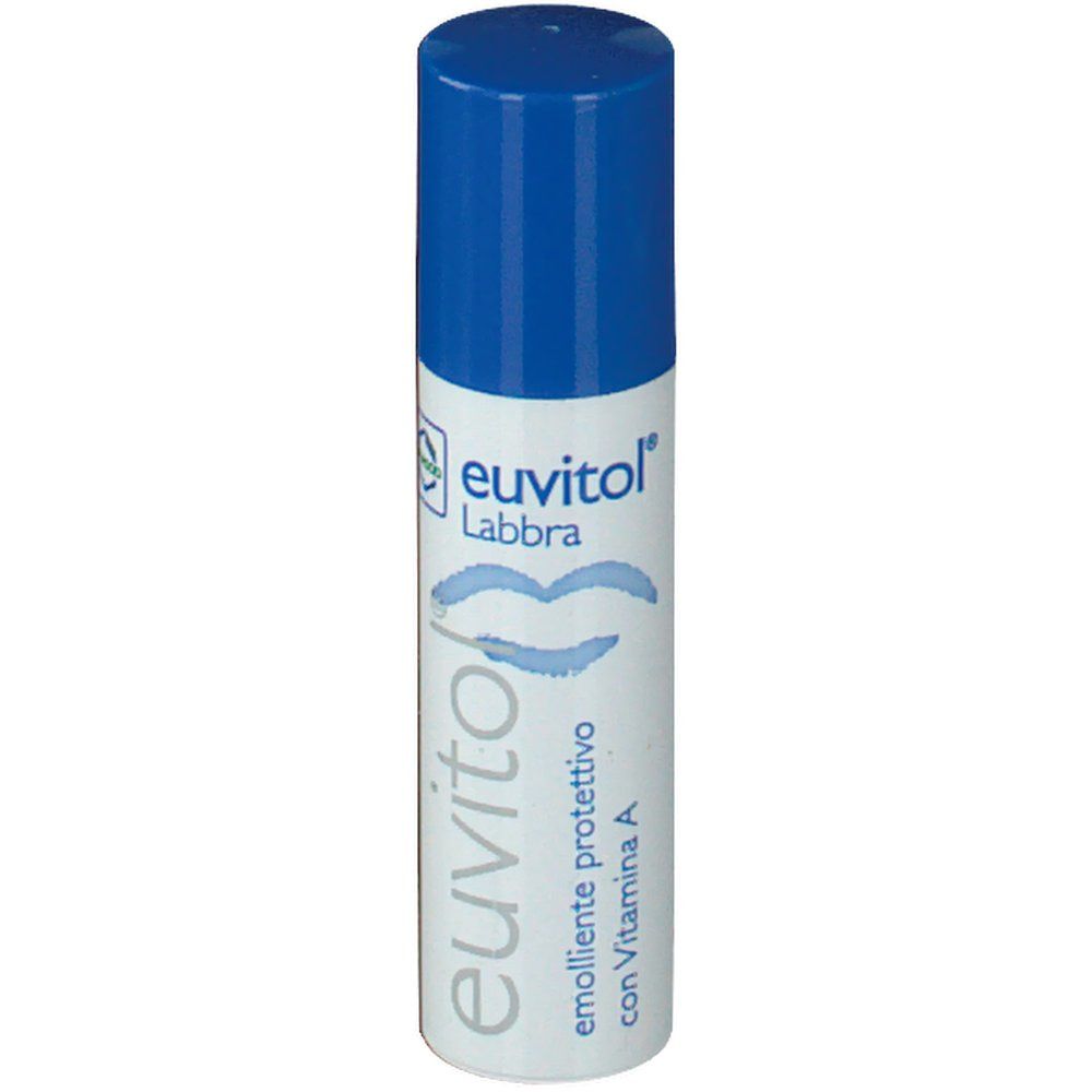 Euvitol Lippenpflegestift, weiß-blau. Mit blauem Deckel. Aufschrift: Euvitol Labbra, Lippen-Symbol, emolliente protettivo con Vitamina A.