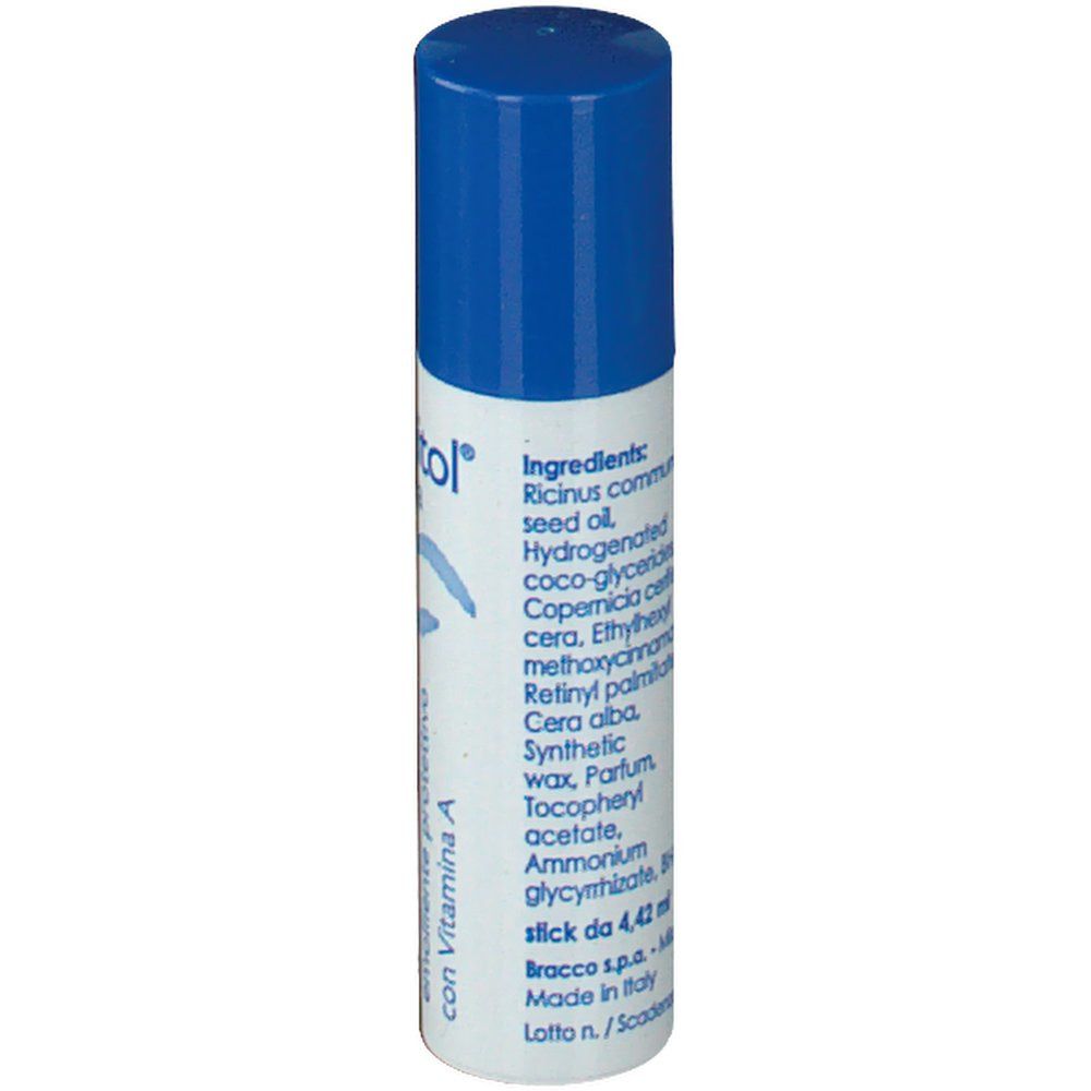 Euvitol Lippenpflegestift, weiß-blau. Rückseite mit Inhaltsstoffen und Text. Aufschrift: stick da 4,42 ml, Bracco s.p.a., Made in Italy.