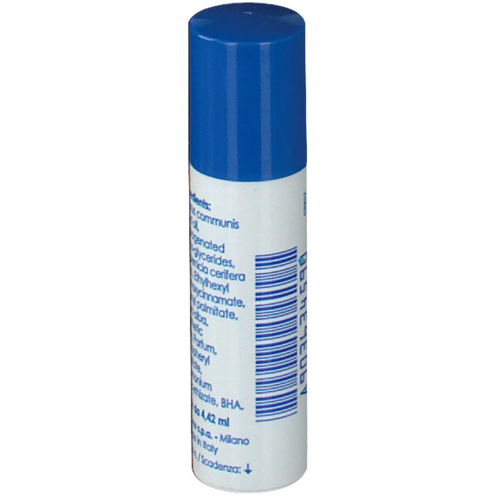 Euvitol Lippenpflegestift, weiß-blau. Rückseite mit Inhaltsstoffen und Text. Aufschrift: stick da 4,42 ml, Bracco s.p.a., Made in Italy.