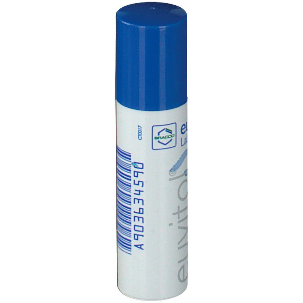 Euvitol Lippenpflegestift, weiß-blau. Mit Barcode und Text. Aufschrift: A903634590, Bracco Logo.