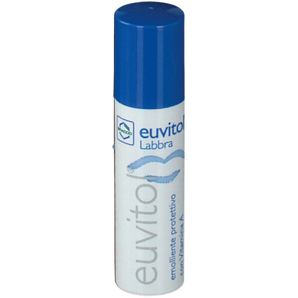 Euvitol Lippenpflegestift, weiß-blau. Mit blauem Deckel. Aufschrift: Euvitol Labbra, Lippen-Symbol, emolliente protettivo con Vitamina A.