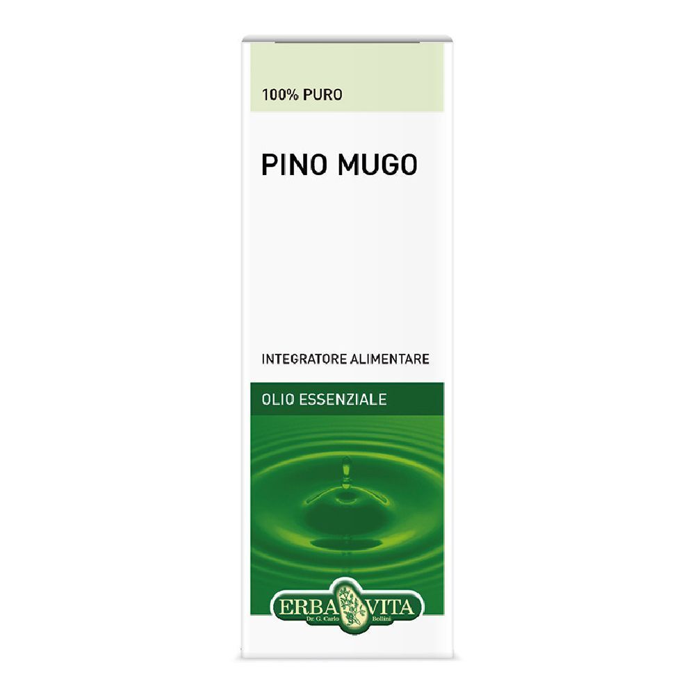 Weißes Etikett mit grünem Streifen. Text: Pino Mugo, Olio Essenziale, Erba Vita Logo.