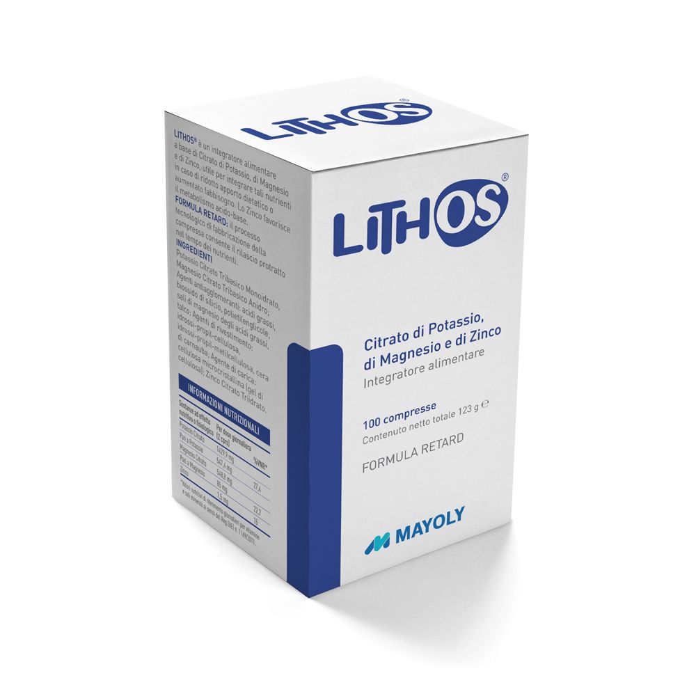 Weiße Schachtel mit "LITHOS"-Logo und Produktinformationen. Enthält 100 Tabletten. Marke: Mayoly.