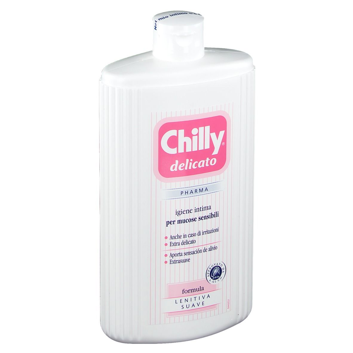 Weiße Flasche mit rosa Etikett. Aufschrift: Chilly delicato, igiene intima per mucose sensibili.