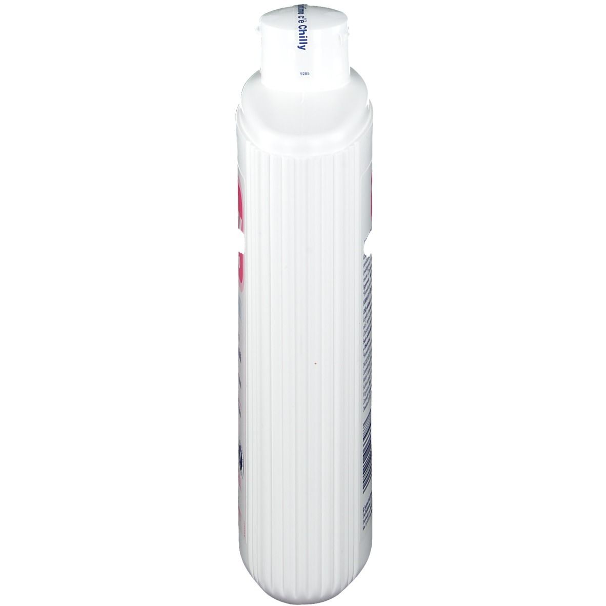 Draufsicht auf eine weiße Flasche mit geriffelter Oberfläche und weißem Deckel.