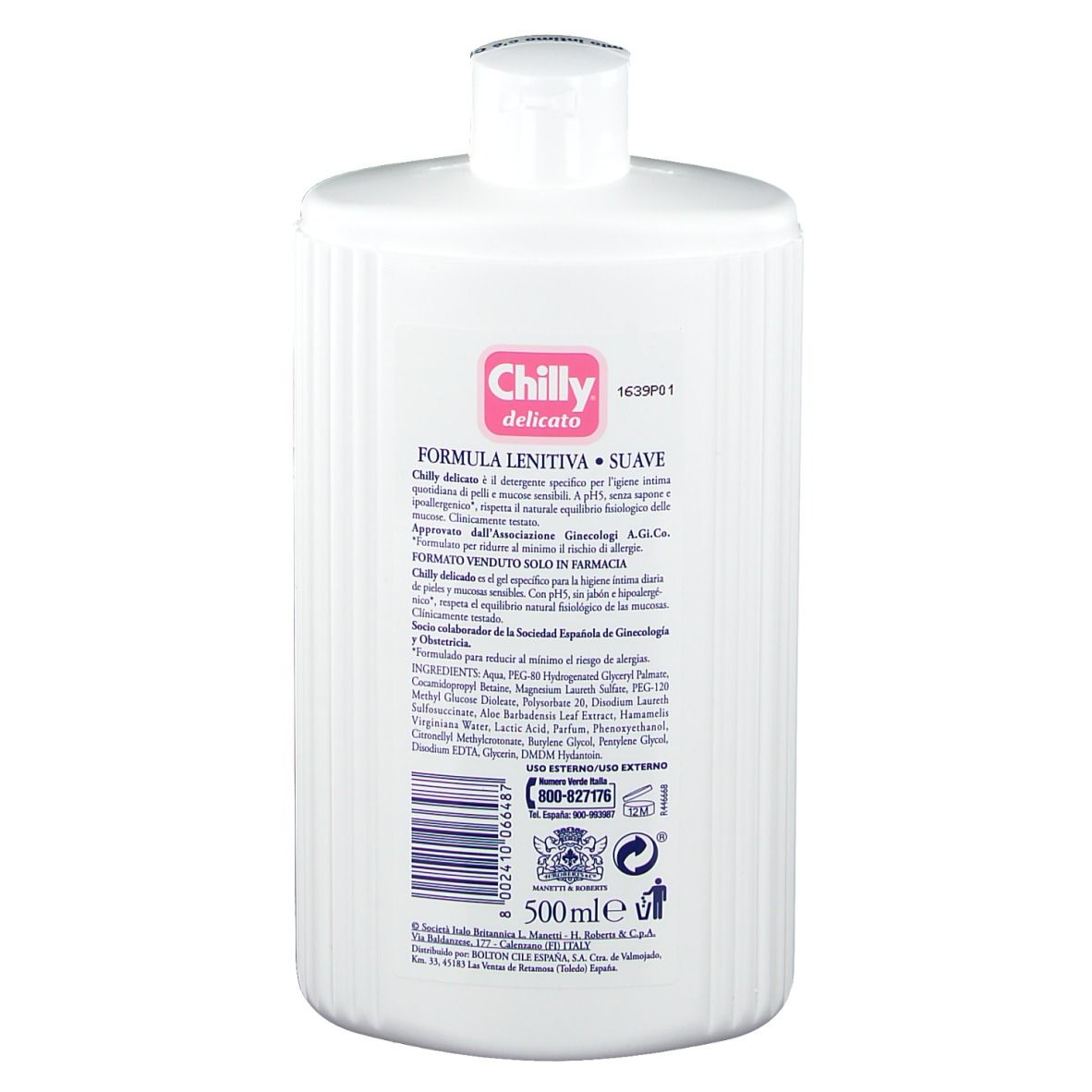 Rückseite einer weißen Flasche. Aufschrift: Chilly delicato, Inhaltsstoffe, 500 ml.