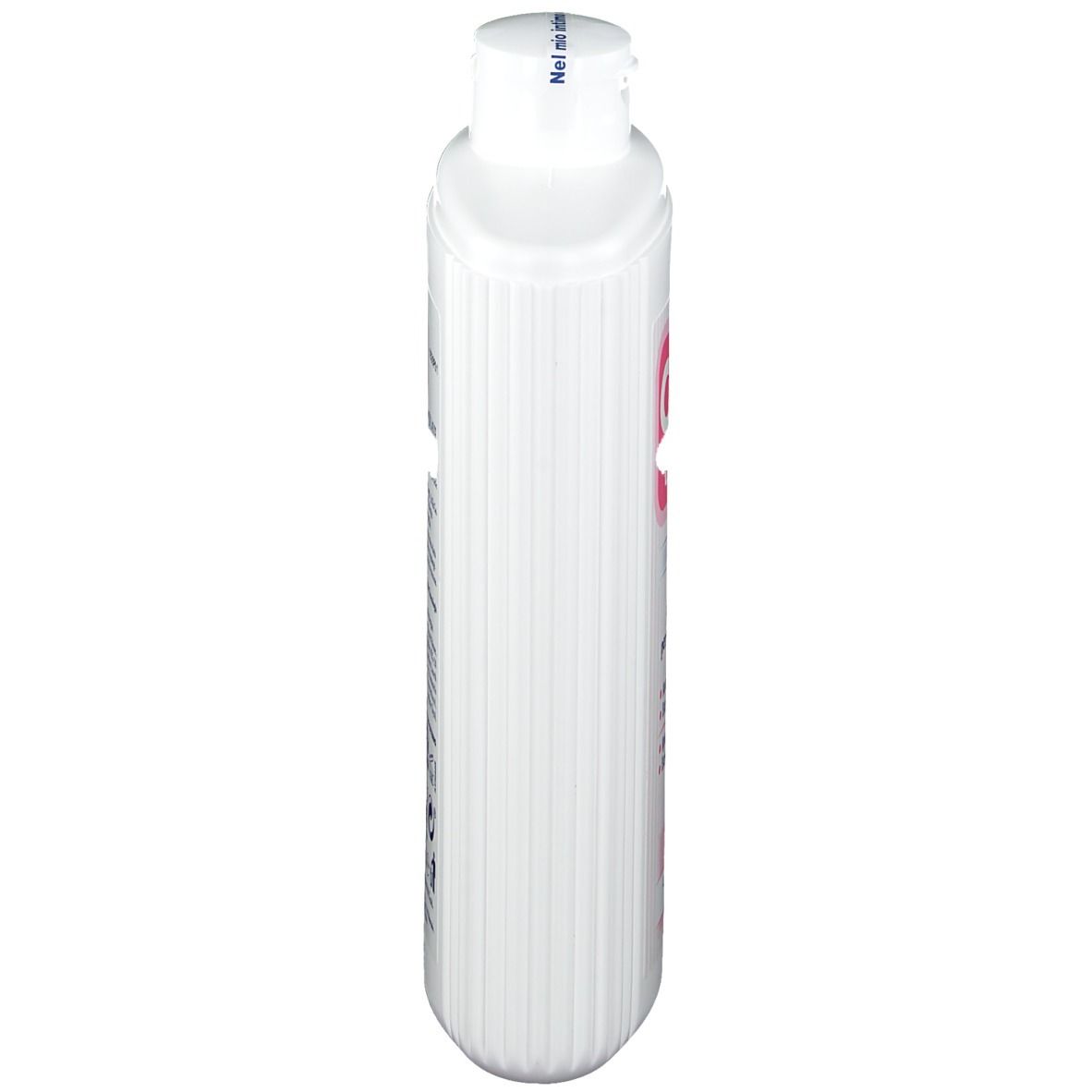 Draufsicht auf eine weiße Flasche mit geriffelter Oberfläche und weißem Deckel.