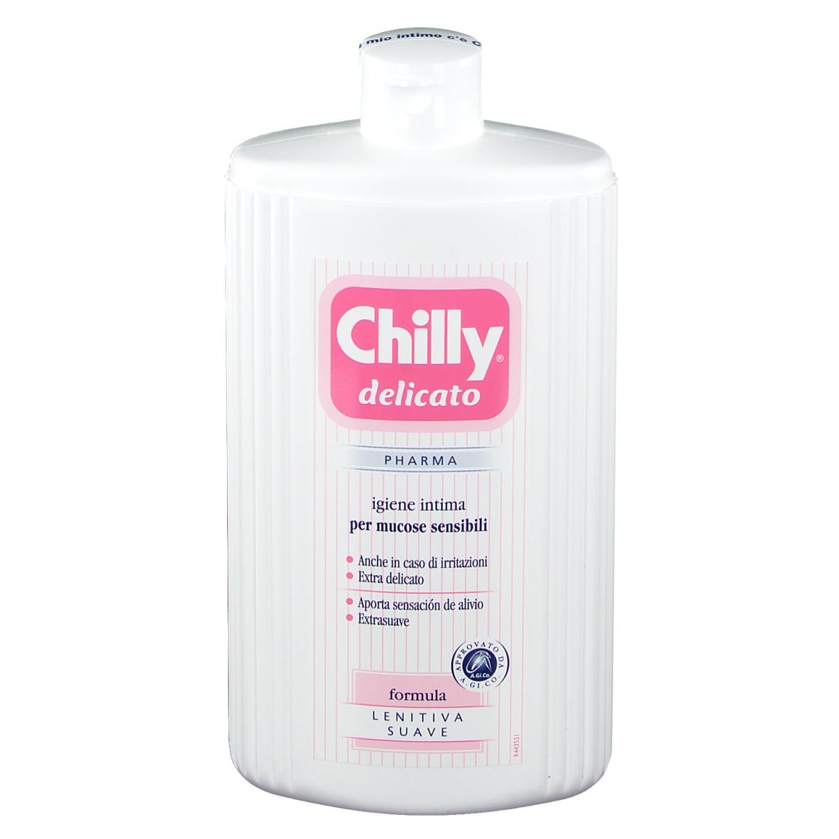 Weiße Flasche mit rosa Etikett. Aufschrift: Chilly delicato, igiene intima per mucose sensibili.