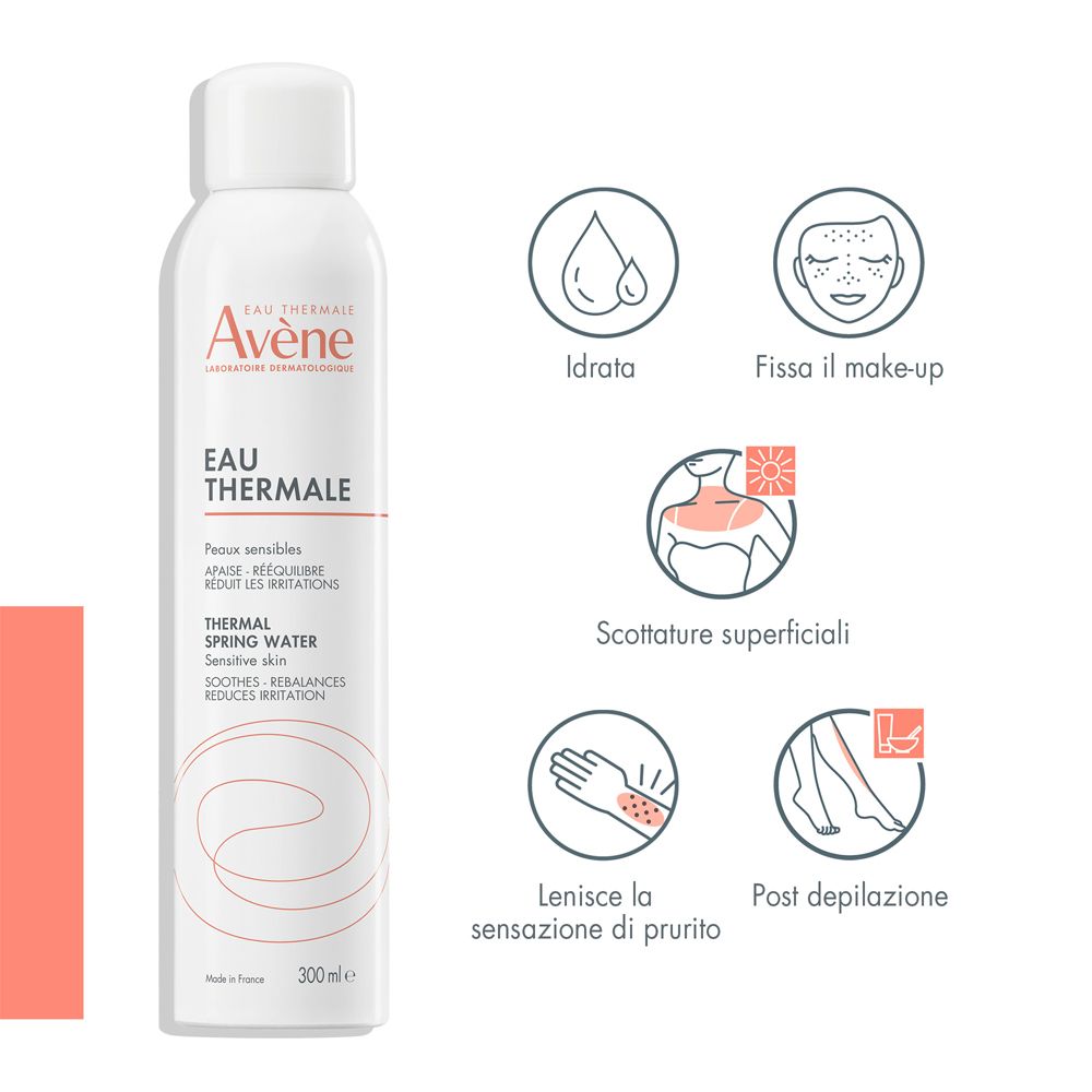 Weißes Spray. Text: Hydratisiert, fixiert Make-up, bei Sonnenbrand, bei Juckreiz, nach der Enthaarung. Avène.
