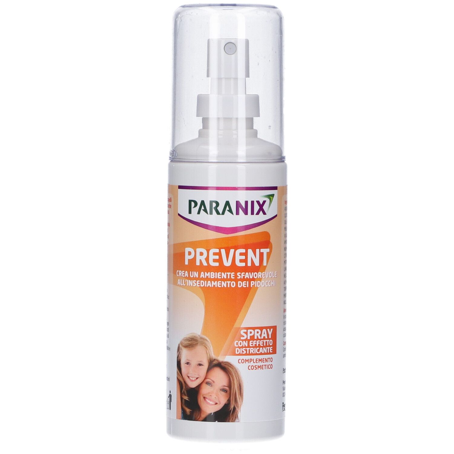 Flacon spray blanc avec bouchon transparent. Inscription: Paranix Prevent. Contient une image d'une mère et d'un enfant.