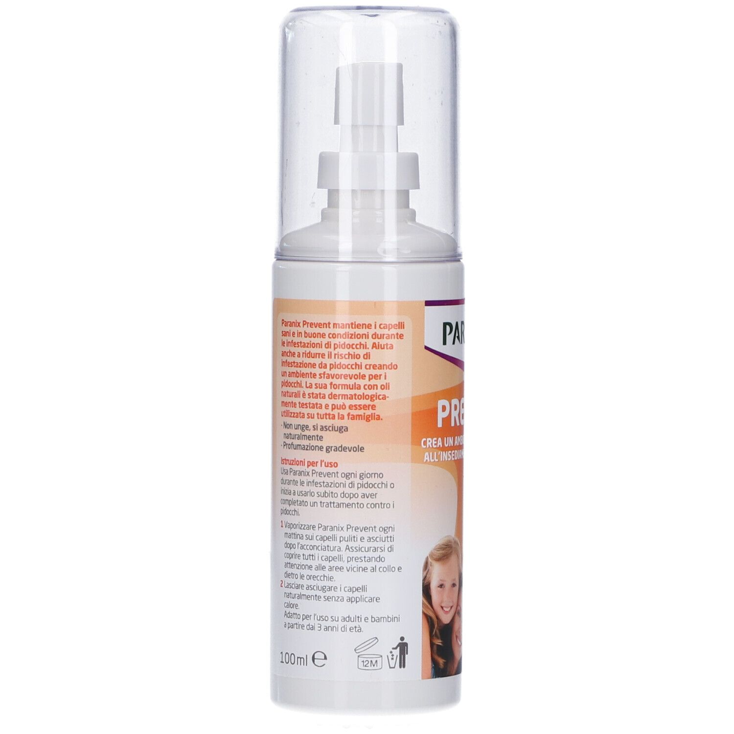 Dos du flacon spray blanc. Informations textuelles et image d'une fille. Volume: 100 ml.