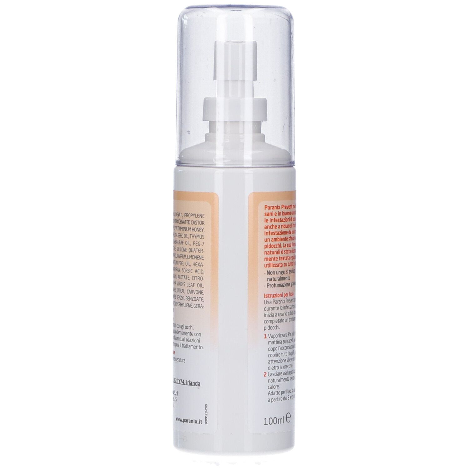 Dos du flacon spray blanc. Informations textuelles et ingrédients. Volume: 100 ml.
