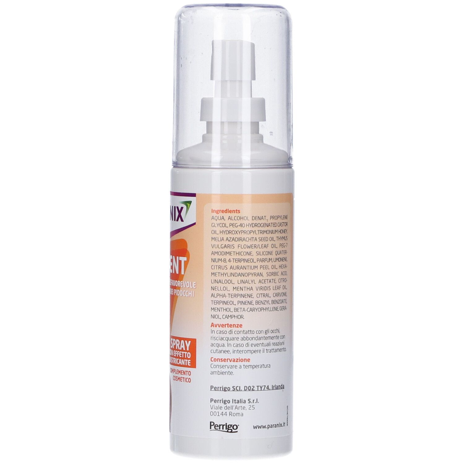 Flacon spray blanc. Inscription: Paranix Prevent. Contient des ingrédients et des avertissements. Volume: 100 ml.