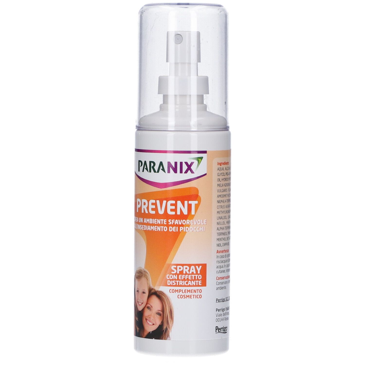 Flacon spray blanc avec bouchon transparent. Inscription: Paranix Prevent. Contient une image d'une mère et d'un enfant.
