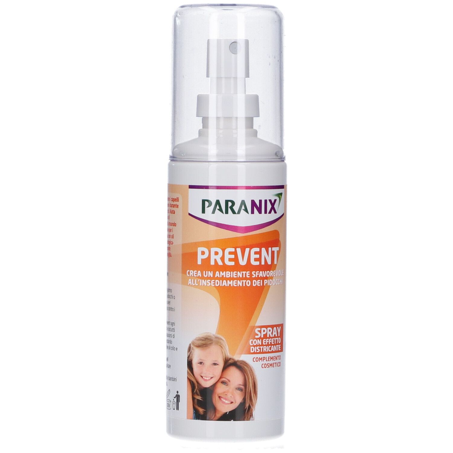 Flacon spray blanc avec bouchon transparent. Inscription: Paranix Prevent. Contient une image d'une mère et d'un enfant.