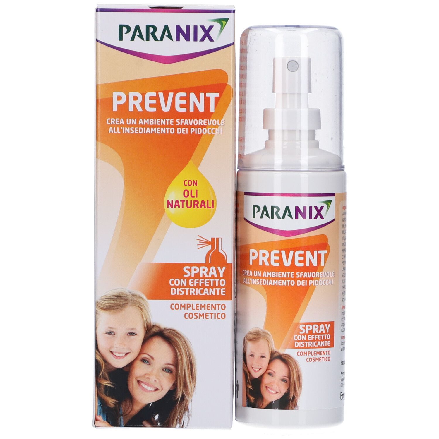 Produit et emballage. Flacon spray blanc et boîte. Inscription: Paranix Prevent. Contient une image d'une mère et d'un enfant.