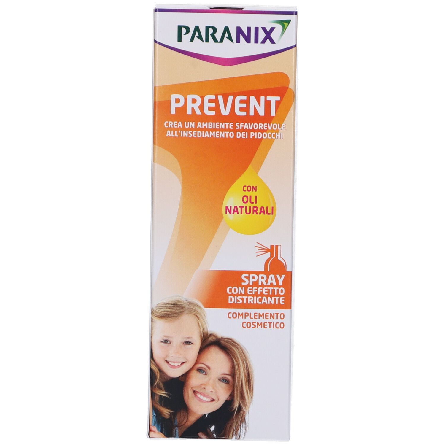 Emballage en carton. Inscription: Paranix Prevent. Contient une image d'une mère et d'un enfant. Avec des huiles naturelles.