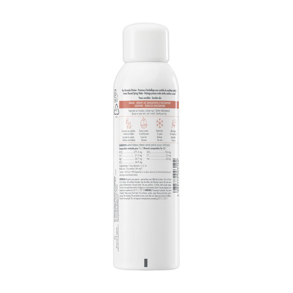 Rückseite des Avene Thermalwasser-Sprays. Text: Inhaltsstoffe, Anwendungshinweise, Mineralstoffanalyse. Verschiedene Symbole.