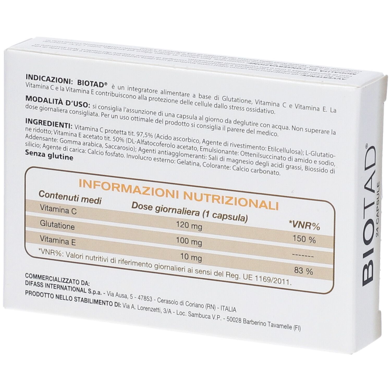 Biotad Antioxydant : arrière de la boîte avec informations nutritionnelles et ingrédients.